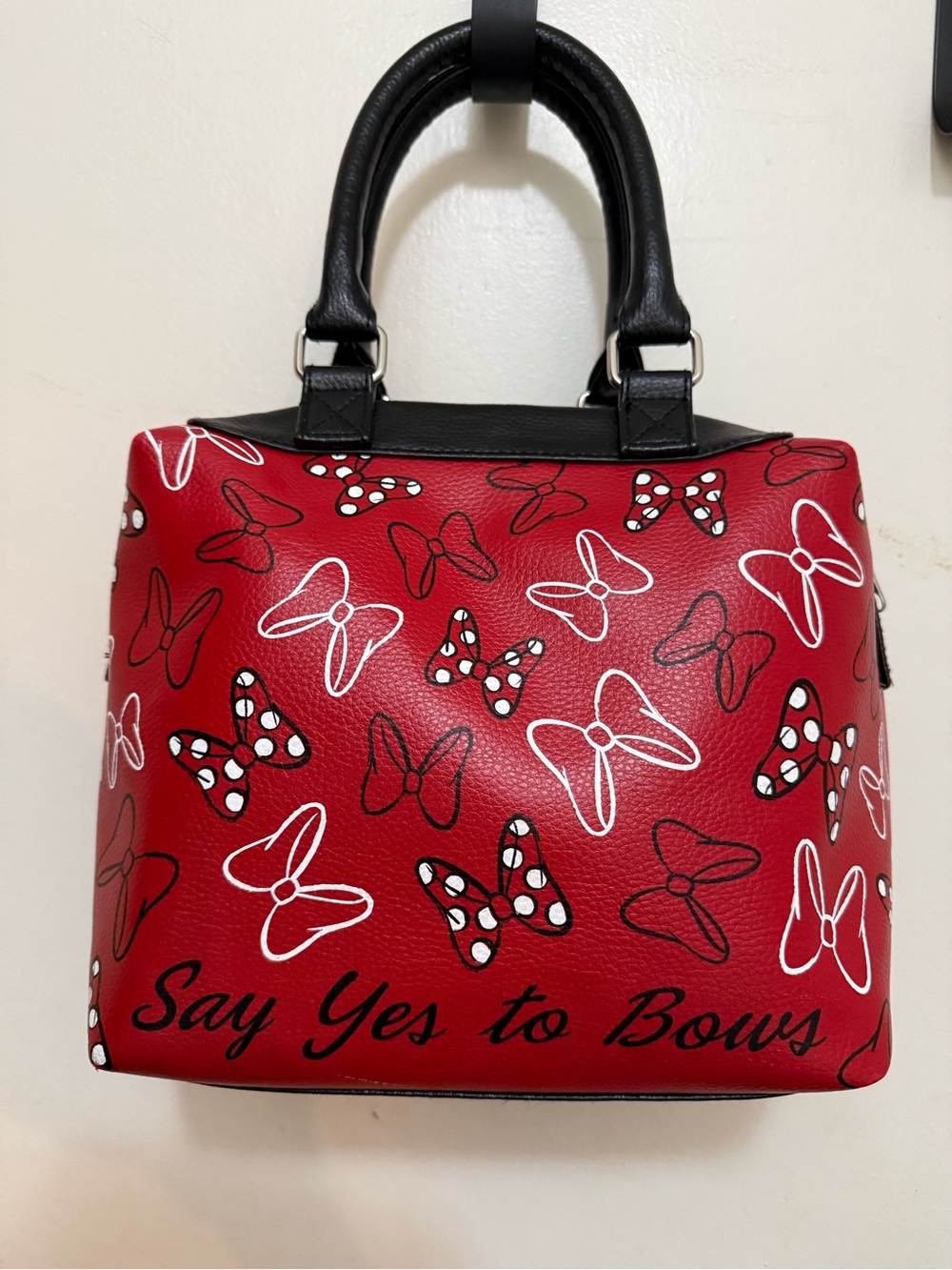 Disney Red Satchel with Black Handles and Bow Print